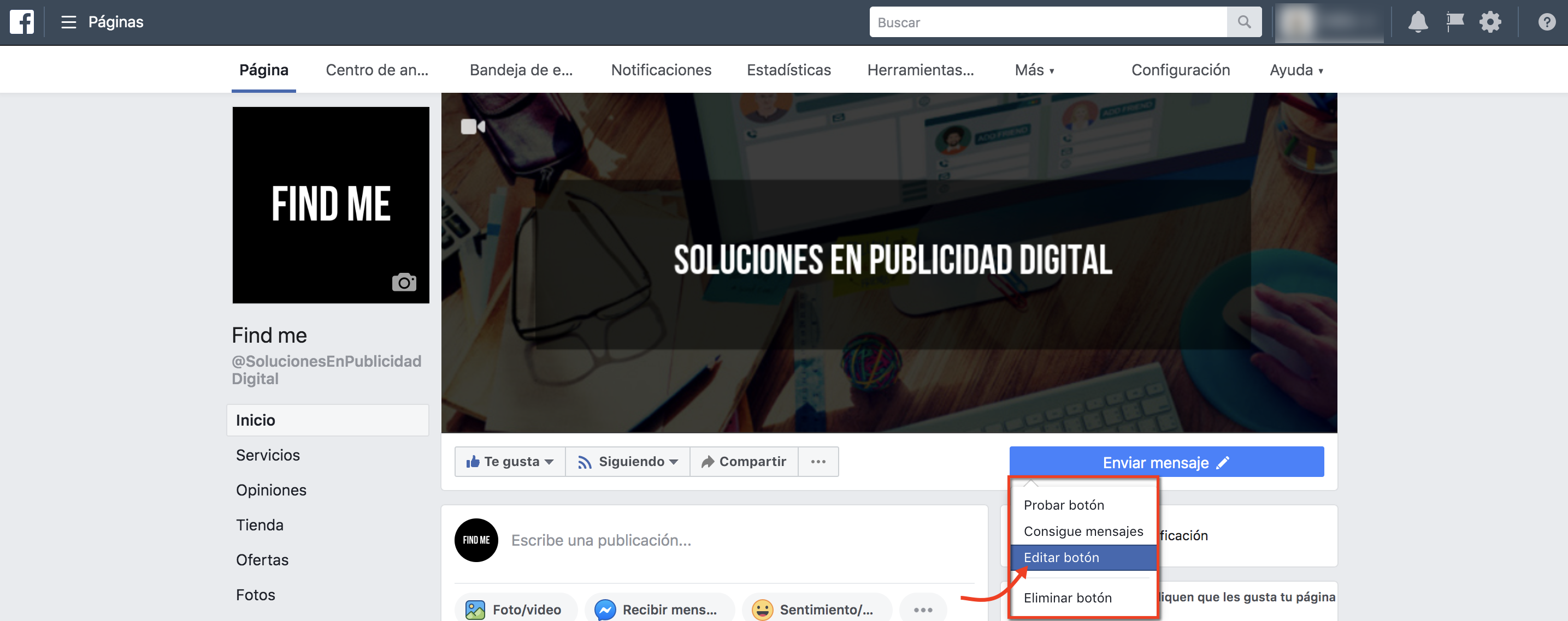 Menu del botón azul de facebook