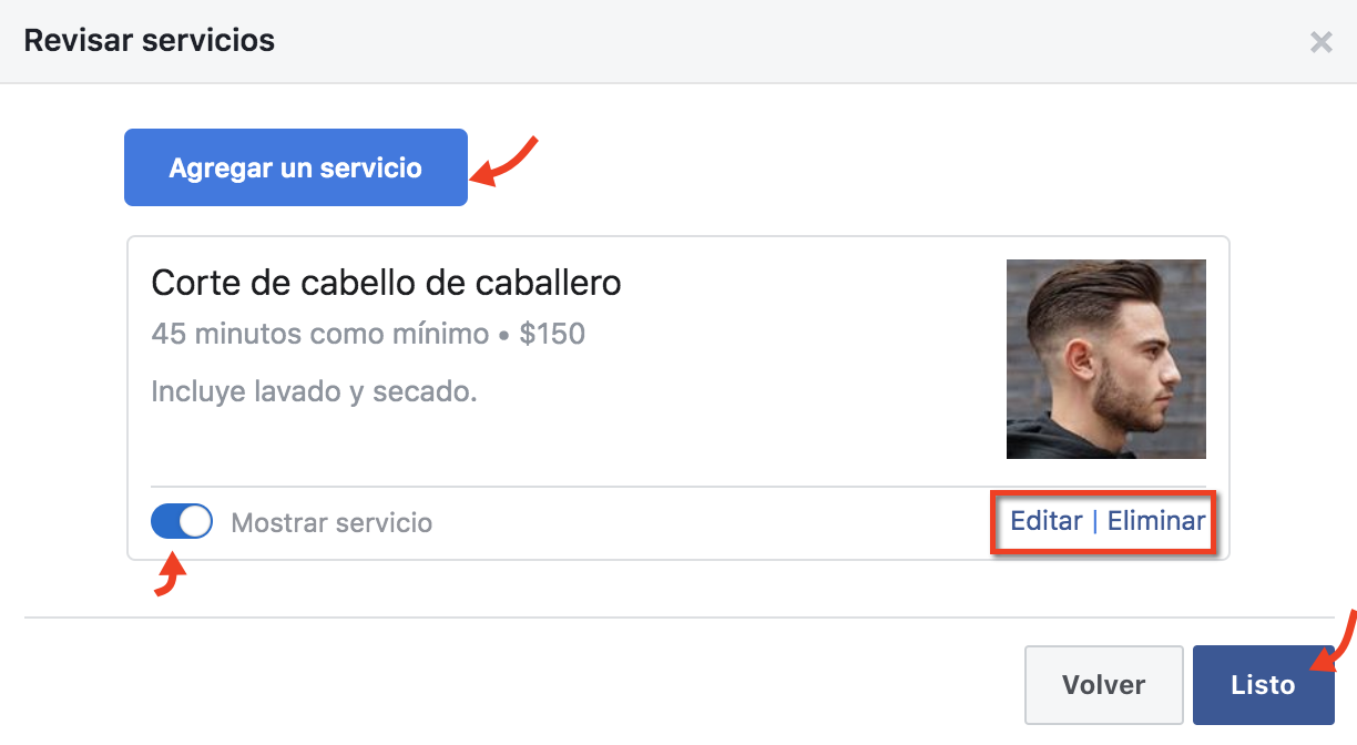 Listado de servicios en facebook