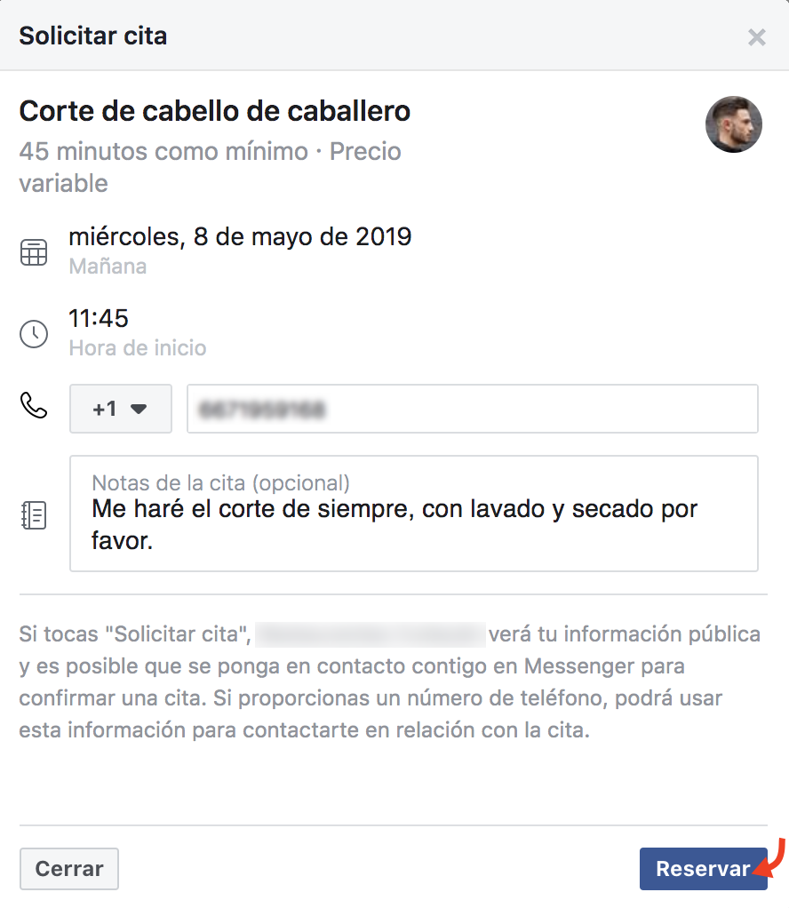 Reserva de cita en facebook