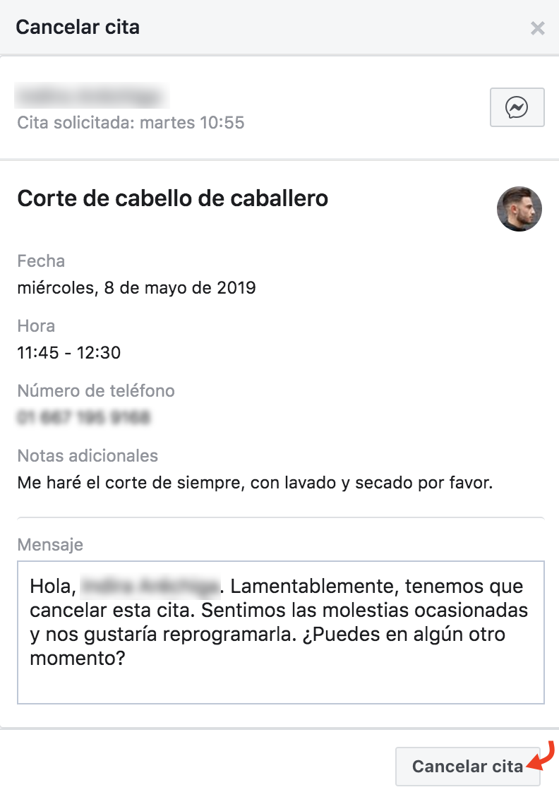 Mensaje de cancelación de citas en facebook